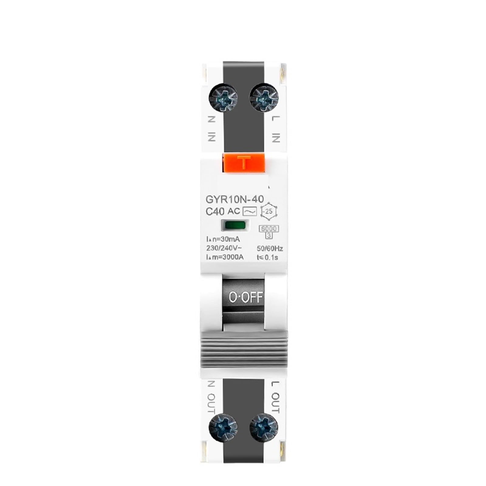 Elektroniczny wyłącznik różnicowy GYR10N-40 18 mm 230 V 1 P+N 6 KA, zabezpieczenie nadprądowe, maks. 40 A), 1 szt. (typ AC-16A 30mA)