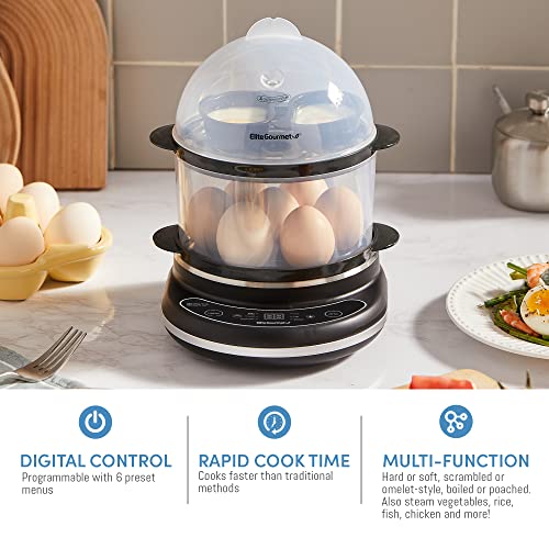Elite Gourmet EGC314CB Digital Easy Egg Cooker Food Steamer, Poacher, Omelet, Soft, Medium, Hard-Boiled Egg with 6 Programmed Preset Functions, 2-Tiers, Measuring Cup, 14 egg capacity, Black