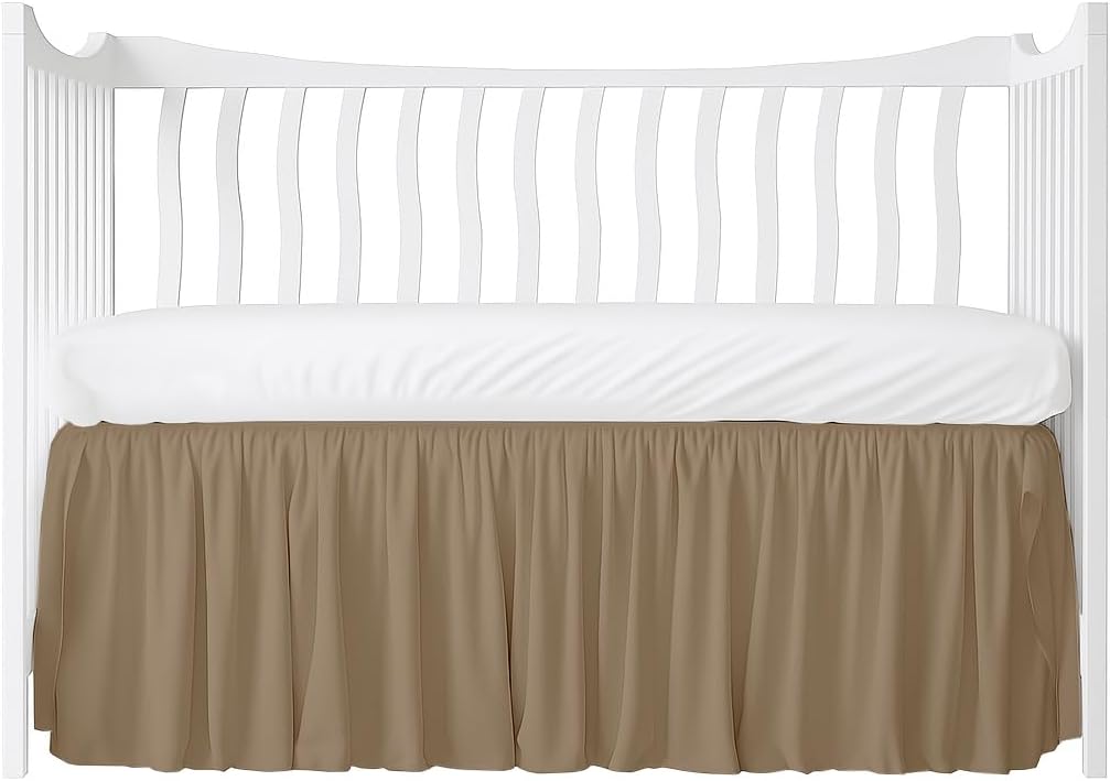 Crib Bed Skirt Dust Ruffle with Split Corners, 100% Cotton, Taupe Nursery Crib Skirt for Baby Boys or Girls, 28x52, 14" Drop, Toddler Bed Skirt, Baby Bedding, Crib Sheet Skirt, Soft & Breathable
