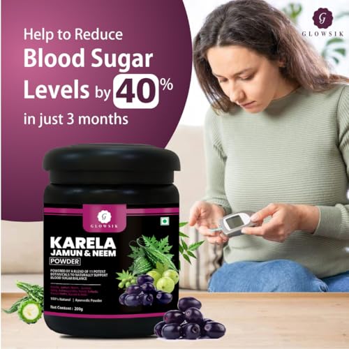 Image of GLOWSIK Karela Jamun Neem Powder with 11 Potent Herbs | Natural Sugar Management & Cholesterol Support | 100% Ayurvedic Detox Powder - 400 GMS