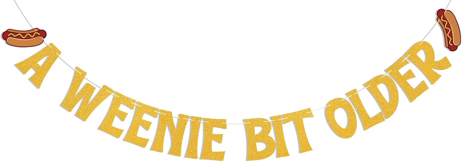 A Weenie Bit Older Banner - Hot Dog Birthday Decor, Retro BBQ Cookout Theme Birthday Party Decorations Red Glitter