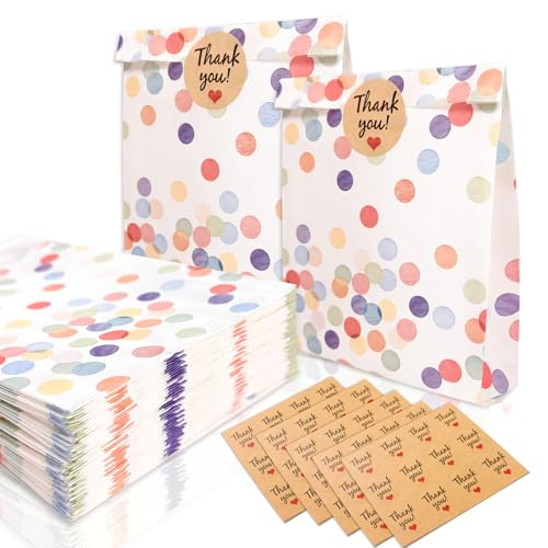 TAIHOBO Geschenktüten Kindergeburtstag, 50 Stück Papiertüten Klein 19×13×3,5cm, Bunt Mitgebsel Tüten Kindergeburtstag, Runde Punkte Geschenktüten Klein mit 60 Aufkleber für Weihnachten Hochzeit Party
