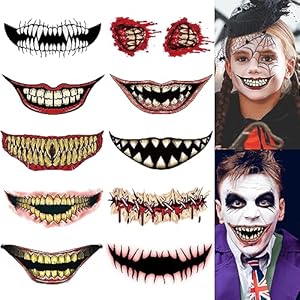 Halloween Face Temporary Tattoos 10Pcs Horror Mouth Fake Tattoo Stickers Scar Tusk Waterproof Tattoos Decals for Body Face Kids Women Girls Halloween Party Makeup Cosplay Party Supplies