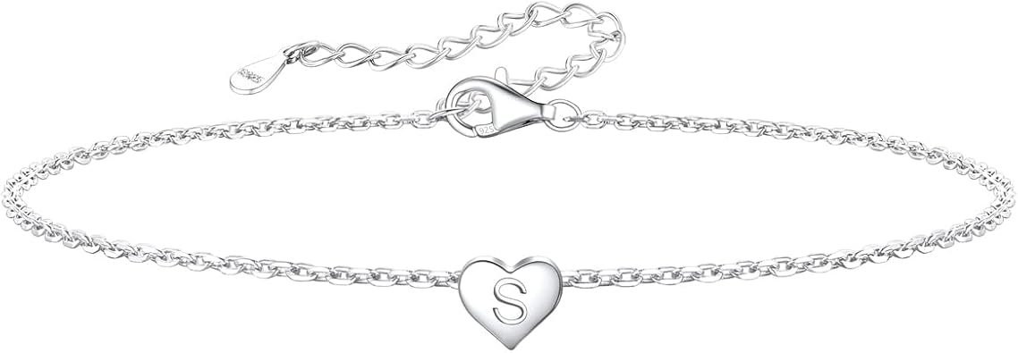 Silvora Ankle Bracelets for Women Waterproof 925 Sterling Sliver Initial Anklet for Women Dainty Heart Ankle Bracelets Handmade Adjustable Foot Chain Trendy Anklet Summer Beach Jewelry