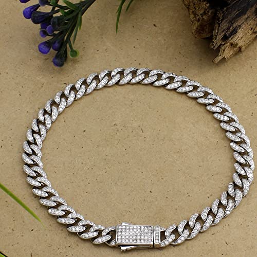 Savearth Diamonds Round Cut Lab Created Moissanite Diamond 6Mm Width Cuban Chain Bracelet For Men In 14K White Gold Over 925 Sterling Silver (G-H Color, Vvs1 Clarity, 2.70 Ct) 7.5" Long #TOP3