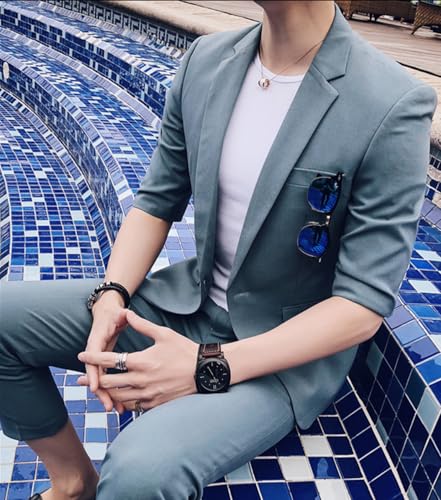 Ulnomio Men's Half Sleeves Suit Set Two Pieces Notch Lapel One Button Elbow Sleeve Jacket and Pants Role Play Daily3