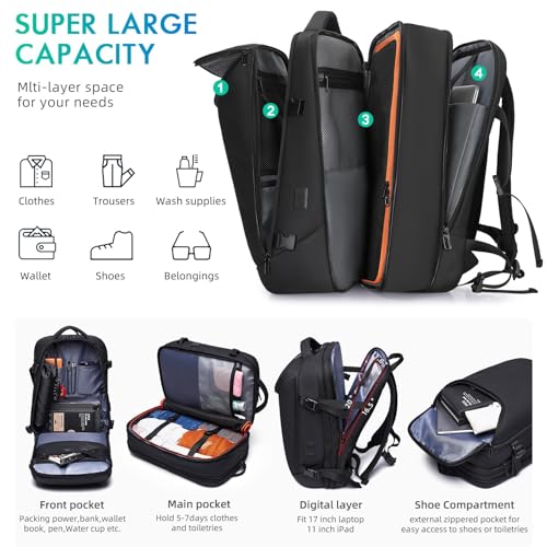 Image of TANGCORLE Carry on Backpack for Women Men 40L Flight Approved Travel Backpack Fit 17 Inch Laptop with USB Charging Expandable Business Weekender