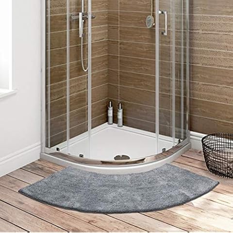 Seavish Luxury Grey Shag Curved Bath Rug, 18 x 57 inch Non Slip Microfiber Soft Absorbent Fanned Shower Mats Washable Bathroom Rug Corner Bath Tub Floor Carpet for Quadrant Shower Stall Cover