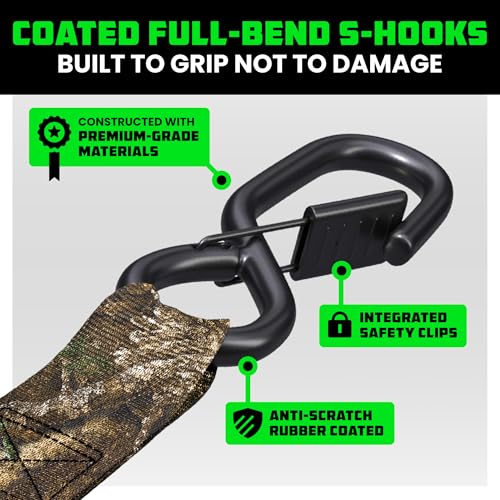 Image of Rhino USA x Realtree Ratchet Straps Tie Downs (4PK) - 1 inch x15' (1,823lb Break Strength) - Ultimate Tie Down Straps with Safety S Hooks - for Trucks, Cargo, Moving, Appliances- Realtree APX Camo