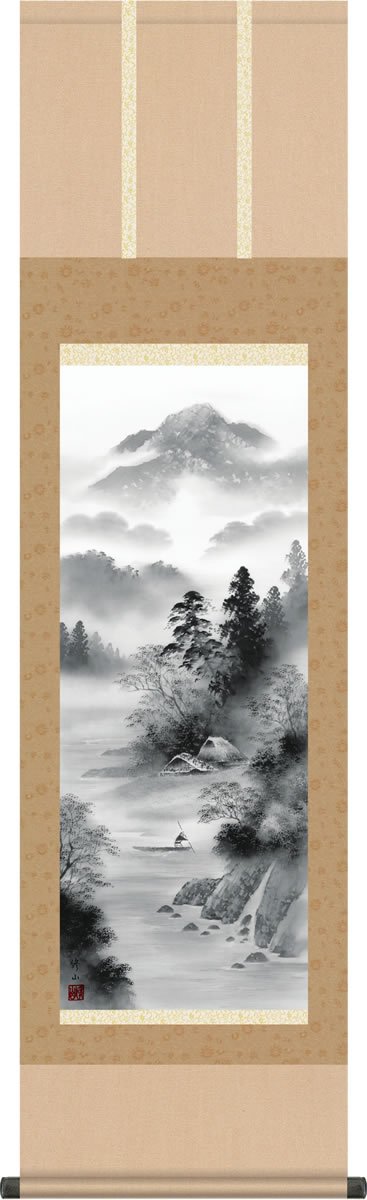 水墨山水画 秋景 掛軸風｜和風インテリア 侘び寂び 一点物 逸品