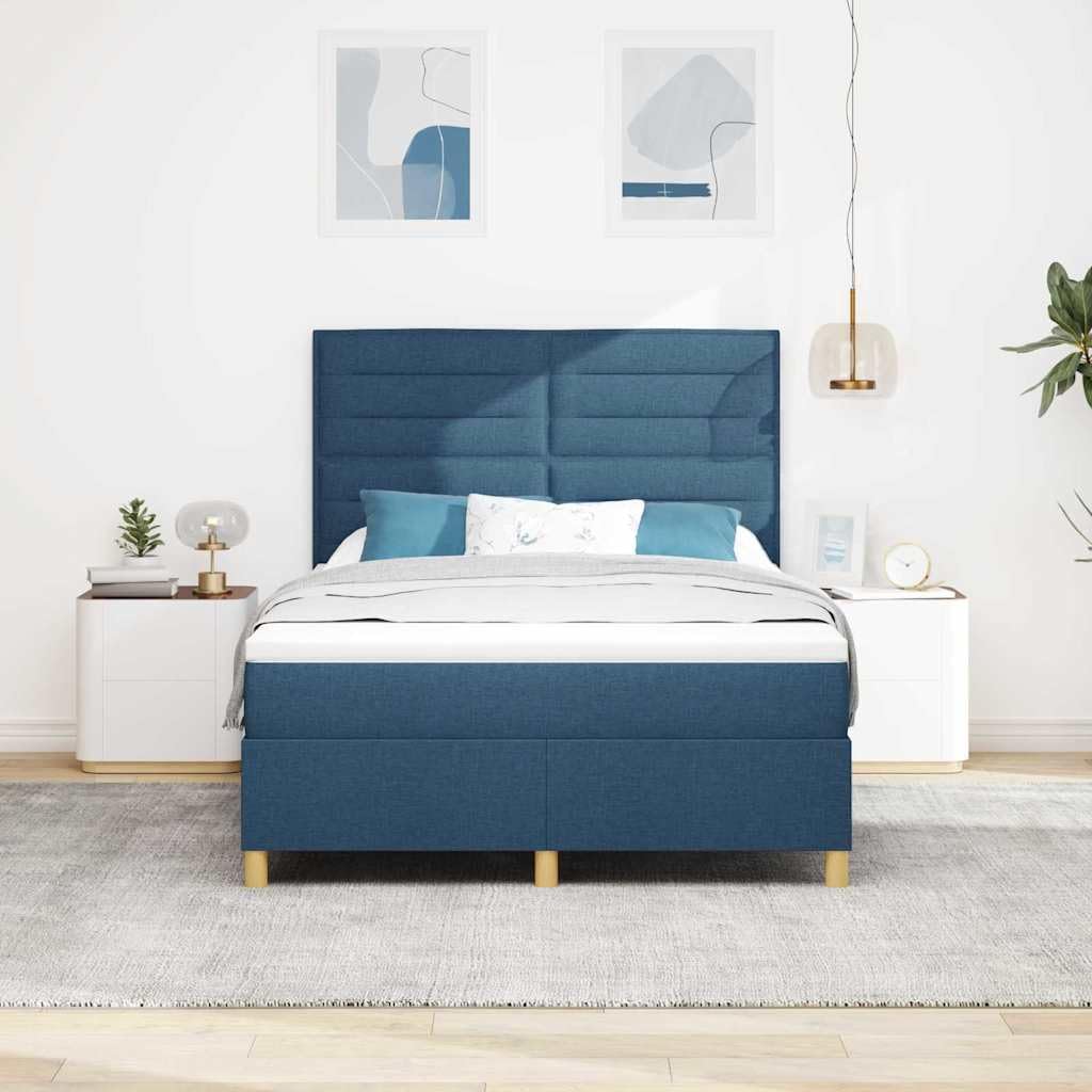 Cama con somier de 140 x 200 cm, tejido azul, con cabecero, colchón de muelles ensacados, madera maciza de pino, diseño moderno de dormitorio para parejas