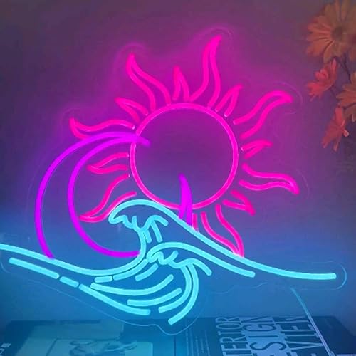 Letrero de neón LED Sun Moon Ocean, sol detrás de las olas, ancho: 15.7 pulgadas