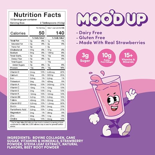 Image of Moo'd Up Strawberry Milk Mix - Low Sugar, High Protein (10g) - Made with Real Strawberries, Dairy-Free, No Artificial Colors or Sweeteners - Healthy Strawberry Drink Powder, 15 Servings