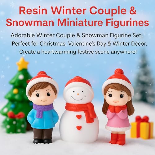 Image of VAYINATO (3 Pcs Resin Winter Couple & Snowman Miniature Figurines - Handcrafted Christmas Mini Scene Decor | Festive Tabletop, Car, or Shelf Display | Cute Valentine's Day
