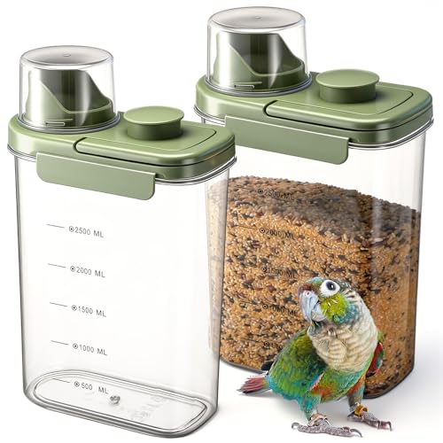 Maxdot 2 Pcs Bird Seed Storage Container 3 Qt/2.8 L with Tight Lids Airtight Cup Pet Food Storage Measuring Containers Lids with Pouring Spouts for Macaws African Grey Cockatoos (Green)