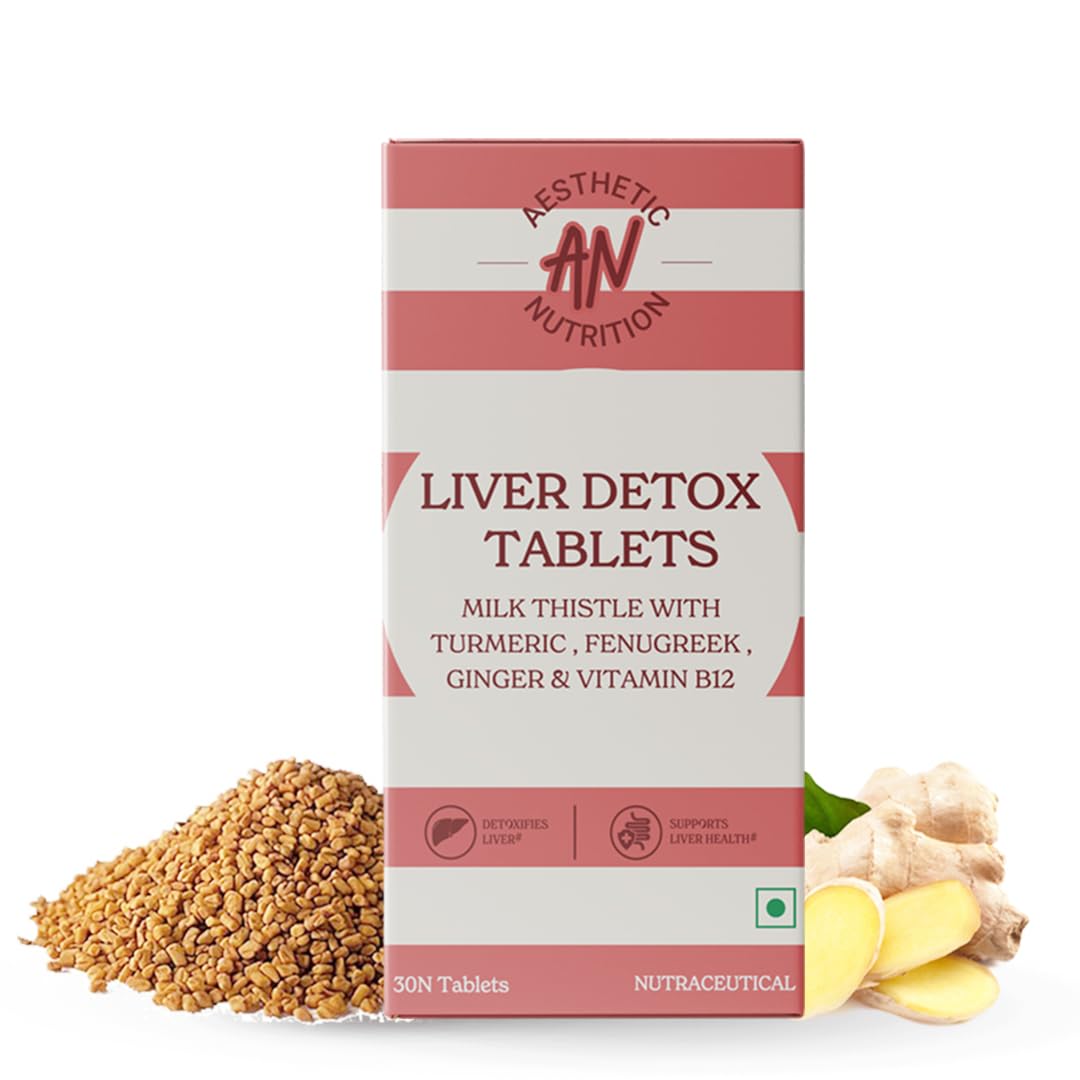 Aesthetic Nutrition Liver Detox Tablets – Detoxify, Cleanser and Support Liver Health & Digestion with Milk Thistle, Fenugreek, Turmeric, Ginger, and Vitamin B12 | 30 Tablets