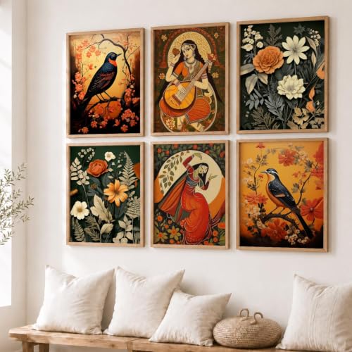 Image of kotart Premium Digital Madhubani Art Paintings with Frame for Home Decor - Framed Painting Living Room Bedroom Office - Wall Decoration - Pack of 6 (14X20 Inch, B)