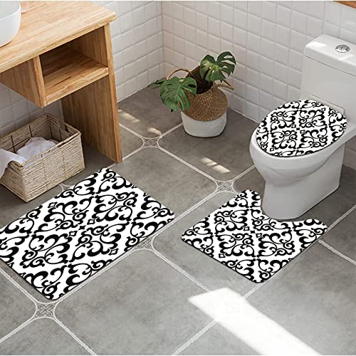 URSOPET Badezimmer Set, rutschfeste Badematte und WC-Vorleger-Set, Grauer Blumen-Blumenmuster-barocker Damast…