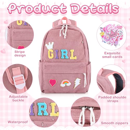 5 Pcs Preppy Corduroy Kids' Backpacks Set for Girls School Cute Pink Backpack Foldable Lunch Bag Pencil Case and Paper Back to School Bookbags Set3
