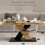 Viosimc Table Basse Salon Design Industriel – Plateau Chêne Wotan, Pieds Croisés Bois & Noir, Étagère Rangement, 90×60×45 cm