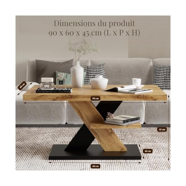 Viosimc Table Basse Salon Design Industriel – Plateau Chêne Wotan, Pieds Croisés Bois & Noir, Étagère Rangement, 90×60×45 cm