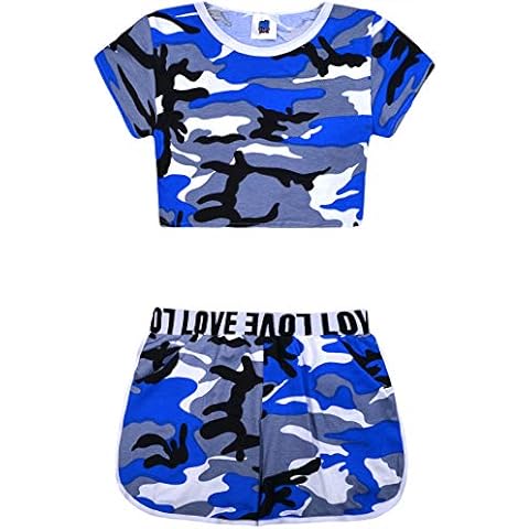 JollyRascals Girls Camo Crop Top and Shorts Outfit 2 Piece New Kids Summer Set Blue Pink Ages 5 6 7 8 9 10 11 12 13 Years~Blue 9-10 Years Cover