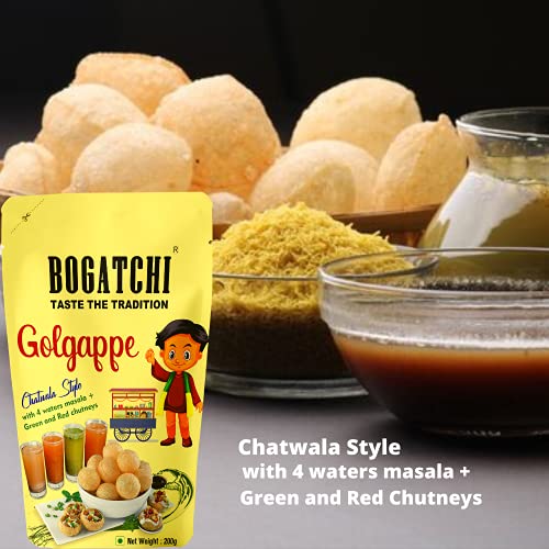 Image of BOGATCHI Pani puri packet ready to eat with 4 Waters Masala and Green & Red Chutneys | Pani Puri Papad | Golgappe Packet Readymade pani poori | Panipuri Fiber Rich Golgappa Complete Combo, 200g