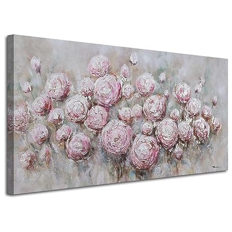Anolyfi Flowers Painting Abstract Canvas Wall Art Gray Pink Rose Textured Picture, Spring Florals Print Artwork Large Frame for Bedroom Living Room Kitchen Bathroom Office Home Decor 48"x24" Cover