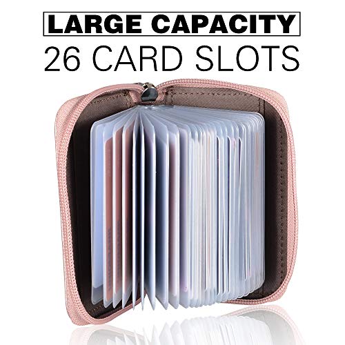 Image of Easyoulife Genuine Leather Credit Card Holder Zipper Wallet with 26 Card Slots (Rose Gold)
