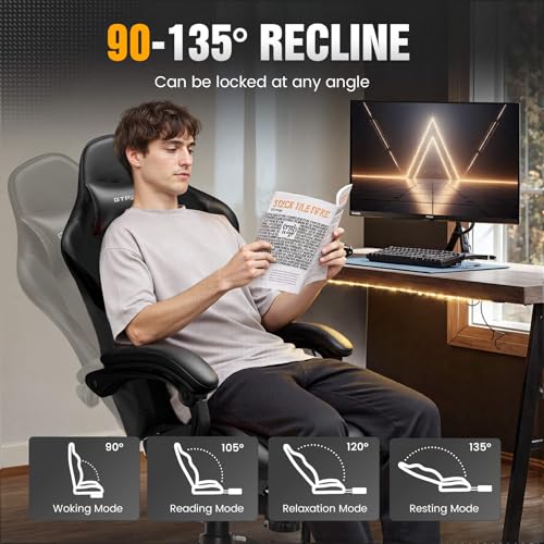 Image of GTPLAYER Gaming Chair with Pocket Spring Cushion, Leather Office Chair with Ergonomic High Back & Lumbar Support for Back Pain Relief, Computer Game Chair for Adults, Black
