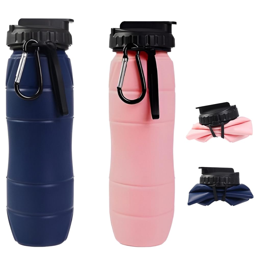 Collapsible Water Bottles 22oz with Straw 2Pack Travel (Blue+Pink) | 650ml Silicone,Foldable Portable,Leakproof,Ultra-light，BPA Free,for Traveling Camping Hiking Cycling Sports Outdoor