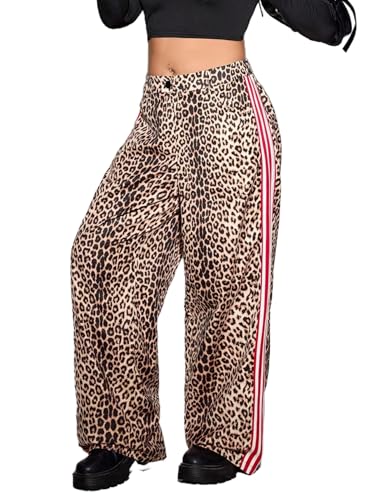 WDIRARA Women's Plus Size Leopard Print Baggy Pants High Rise Elastic Waist Side Strip Trousers