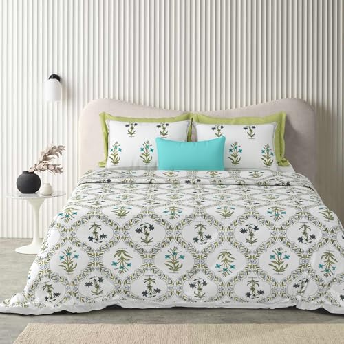 Image of Urban Jaipur 100% Cotton Bedsheet for Double Bed (90 x 108 Inches) | 210 TC King Size Bed Sheet for Double Bed with 2 Pillow Covers | Pure Cotton Jaipuri Bedsheet (White, Green (Jaal))