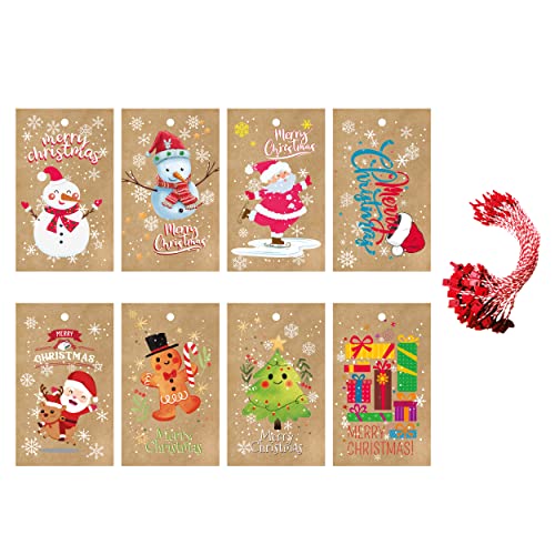 colortouch Schneemann Weihnachten Geschenkanhänger, 100 Stück Kraftpapier Etiketten mit 100 Stück gesperrt Schnuren für Weihnachten Dekoration Geschenkverpackung, 8 verschiedene Designs Cover