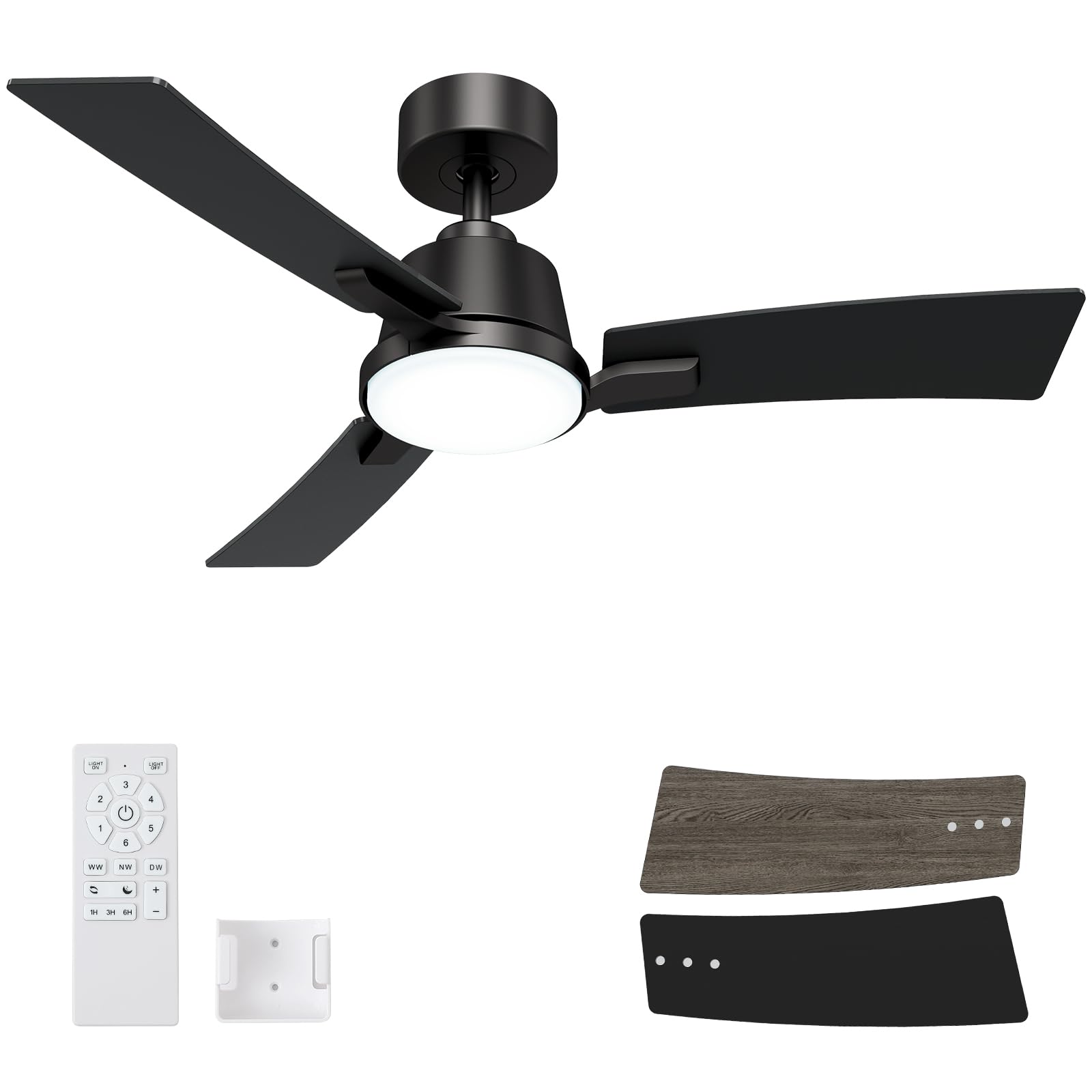42 Inch Ceiling Fans with Lights,Low Profile Ceiling Fan,Modern Flush Mount,Reversible 6 Speeds,3CCT Dimmable Noiseless Black Ceiling Fans for Living