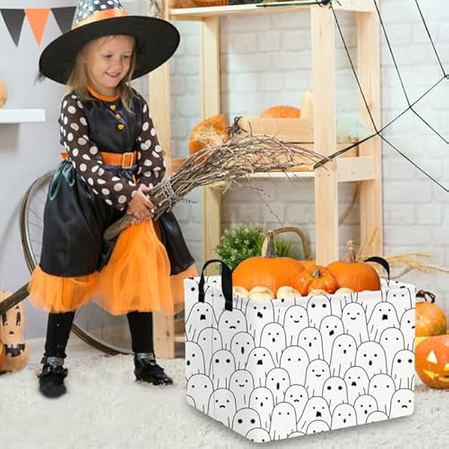 Rectangular Halloween Basket,Trick or Treat Basket for Boys and Girls,Waterproof collapsible storage box,Halloween Decor,Gift box(Little ghost)