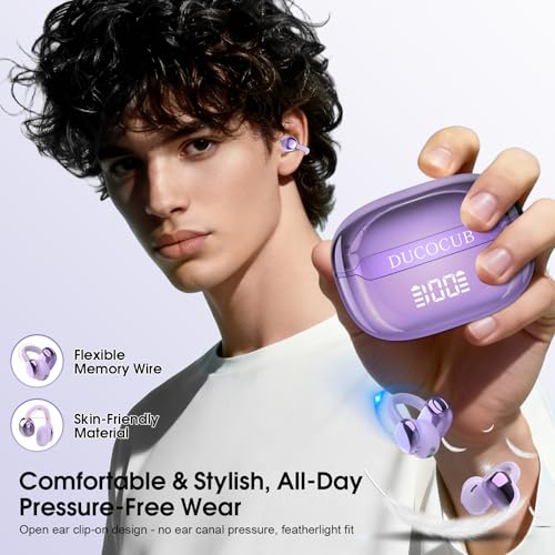 Image of Open Ear Earbuds Wireless Clip on Headphones Bluetooth 5.4 Ear Buds with DNN Noise Cancelling, 48H Playtime, Low Latency, Fashion Design, Secure Fit, Clear Sound for Music & Calls (Purple)