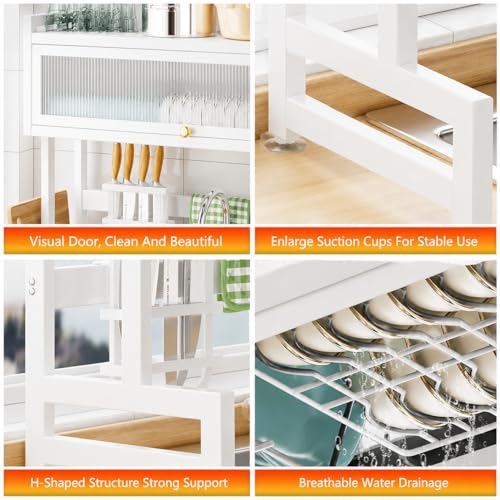 Image of HomeCloud Over-The-Sink Dish Drying Rack with Dustproof Flip Cover Door | Multifunctional Adjustable Metal Kitchen Countertop Organizer (White, 85x80x29Cm)