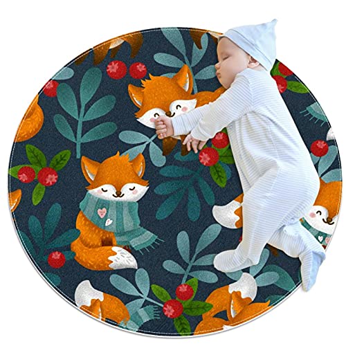 JDEZ Tapis Feuilles de Renard Tapis de Jeu pour Enfants Tapis Rond pour Enfants Filles Garçons Animaux 80x80cm