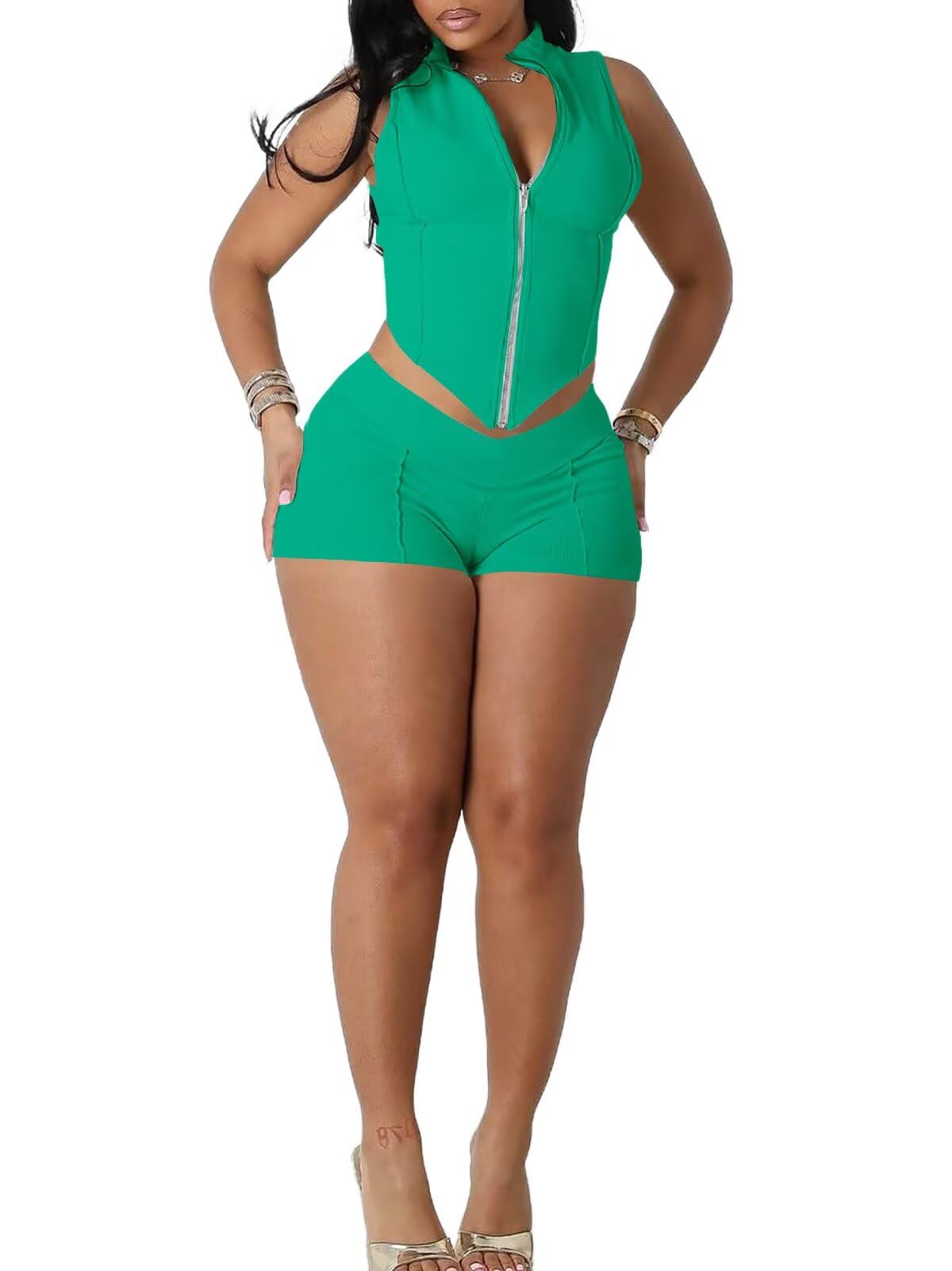 ThusFar 2 Piece Sets for Women Sexy Shorts Going Out Outfits Zipper Up Crop Tank Vest Top Club