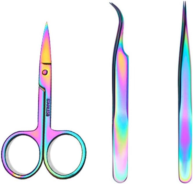 Kit WOKOTO com Pinças de Ponta Reta e Curva e Tesoura, Aço Inoxidável, Rainbow, 3 peças
