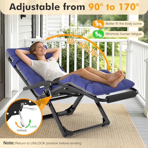 Image of Slendor Oversized Zero Gravity Chairs XL, 29in Padded Recliner Chair, Blue | Reclining Lounge Chair, Folding Anti Gravity Chairs w /Aluminum Alloy Lock,Headrest,Cup Holder, Support 440lbs,for Lawn Patio