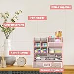 Mesh Pen Holder Desk Organizer, Multi-Function Pen Organizer with Drawer, Cute Desk Organizers and Accessories for Office Supplies Pink