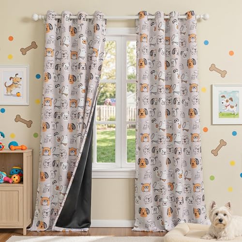 Image of MYSKY HOME Blackout Curtains 96 Inch Long Funny Puppy Animal Printed Thermal Insulated Grommet Window Curtains for Girls Boys Kids Bedroom Living Room Nursery,52 Inch Wide Each Panel, 2 Pcs, Grey