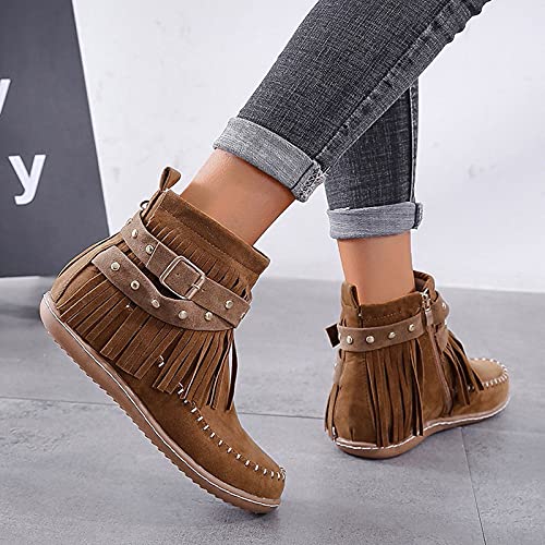 Ankle Boots for Women Flat Side Zip Vintage Womens Cowboy Boots Round Toe Fringe Buckle Straps Studded Western Cowboy Shoes3