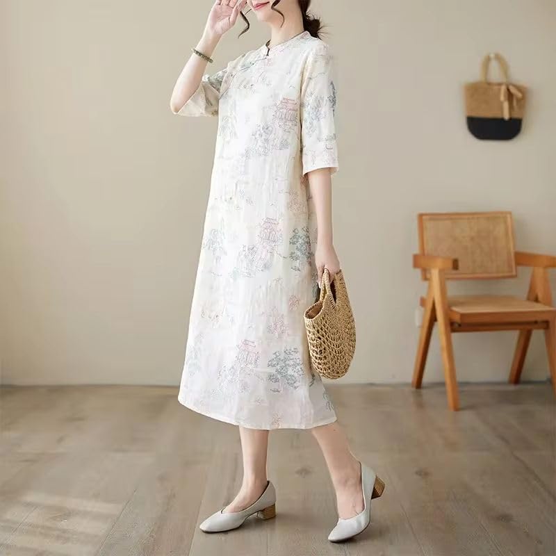 エレガントなスリミングコットンリネンの女性のドレス中国風の刺繍オールシーズン