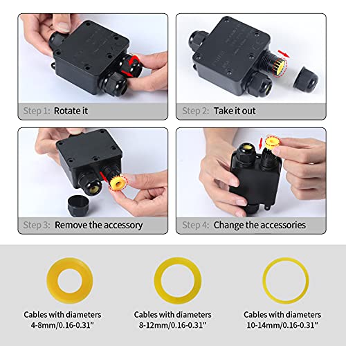 Boboleo 3 Wege Wasserdichte Abzweigdose, Ip68 Elektrische Anschlussdose Für Kabel mit 5-15 mm Durchmesser, aus Polykarbonat, Schwarz (2 Pack)