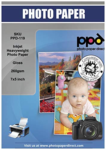 PPD Inkjet   5 x 7” (aprox. 13 x 18 cm) x 100 Hojas de Papel Fotográfico Brillante 260 g/m²   Calidad Profesional   Secado Instantáneo   Para Impresión de Inyección de Tinta   PPD 119 100