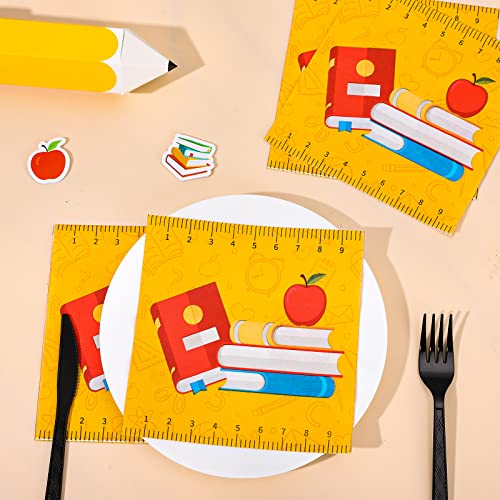 Image of Whaline 80 Pack Back to School Paper Napkins 6.5 x 6.5 Inch Ruler Scales Book Apples Prints Paper Napkins Yellow Disposable Luncheon Napkin for First Day of School Party Supplies Table Decoration