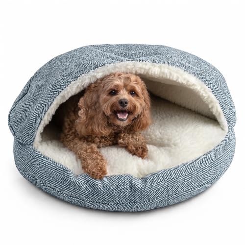 Image of Snoozer Cozy Cave Dog Bed, Round Covered Dog Bed, Palmer Indigo (S)